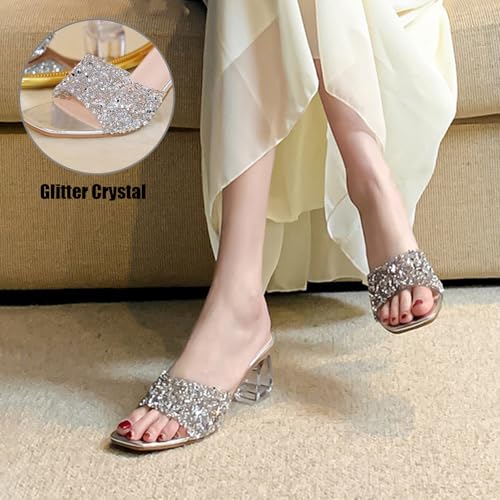 Women's Glitter Crystal Wide Strap Chunky Heel Mule Slippers Square Open Toe Clear Block Mid Heel Sexy Rhinestones Slip On Dress Slides Sandals For Party Prom2