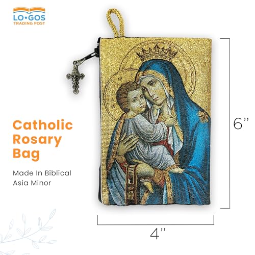 Image of Catholic Rosary Pouch, 4 inch x 6 inch Jewelry & Coin Purse with Cross, Small Woven Tapestry Icon Bag, Bolsa de Rosario Catolico para Joyeria, Our Lady of Mount Carmel & Sacred Heart of Jesus, 4 inch x 6 inch