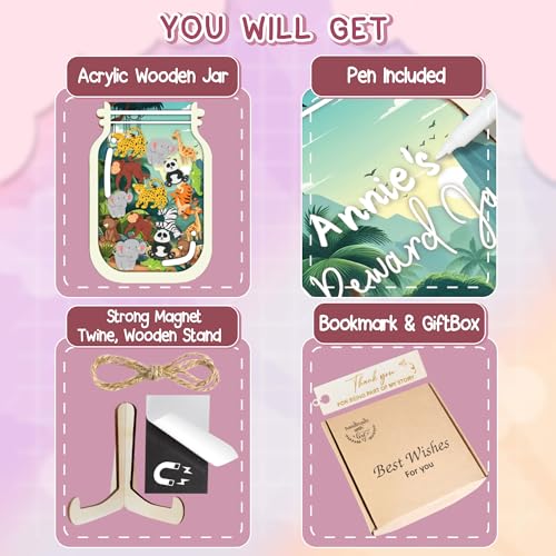 Image of 9 inch DIY Name 32 Tokens Jungle Magnetic Reward Jar Gifts for Classroom Teacher Kids Potty Training Chore Chart Toddler Good Behavior Management Tools Back to School RWJ-03-JUN-M