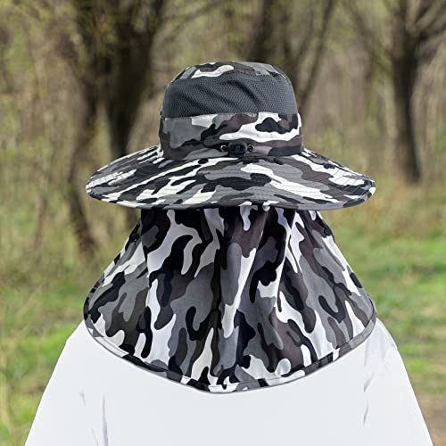 Upf 50+ Sun Fishing Hat For Men Women Wide Brim Hat With Detachable Face Cover & Neck Flap Grey Camo #TOP2