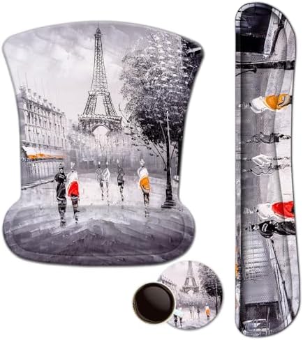 Mouse Pad with Wrist Support and Keyboard Wrist Rest Pad Set,Ergonomic Mouse Pads for Computers Laptop,Non-Slip Comfortable Mousepad w/Raised Memory Foam for Easy Typing Pain Relief (Eiffel Tower)