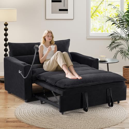 Image of HAOMARKETS 3-in-1 Convertible Loveseat Sleeper Sofa Bed, 2-Seat Pull Out Couch with Cup Holders, Phone Holder and USB Ports, Corduroy 3-Level Adjustable Backrest Couches for Living Room, Black