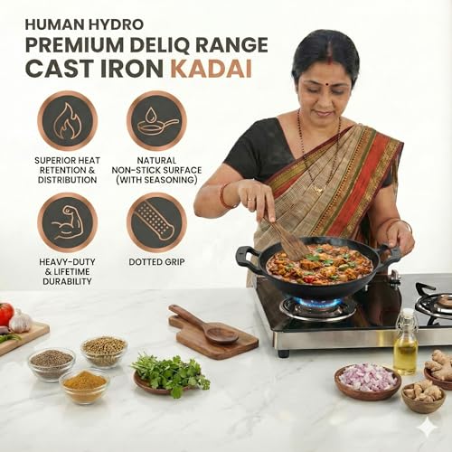 Image of Human Hydro Cast Iron Kadai /Kadhai 25cm (2.2L) Deep Wok | Naturally Non-Stick When Seasoned | Gas & Induction Compatible | Silicone Handles | Deliq Series