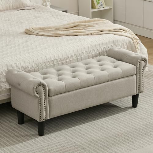 Storage Bench 50 Queen End of Bed Bench Linen Tufted Button Upholstered Bedroom Bench Storage Ottoman with Rolled Arms Window Bench with Storage for Living Room Entryway Light Brown