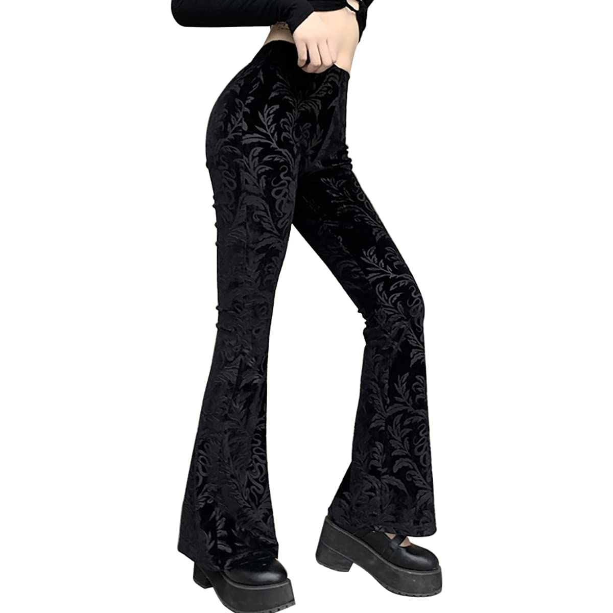 Womens Gothic Embossed Flare Pants Black Velvet Elastic Waist Bell Bottom Trousers