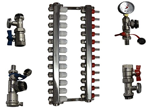 Manifold de PEX de 12 circuitos, 1/2 pulgada, incluye manómetros de temperatura, medidores de flujo, válvulas de cierre, manómetros de presión y temperatura y purgador automático de aire