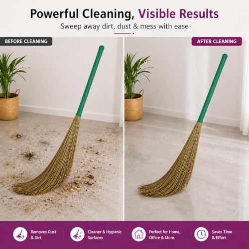Image of Natural Grass Broom for Home Cleaning | Phool Jhadu with Ergonomic Handle | Lightweight Long Handle Floor Broom's for Indoor & Outdoor Sweeping | Soft Grass Broom for Tile, Marble & Wooden Floors