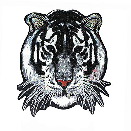 FEEPOP 1 Piece of Large-Size Personality Domineering Tiger Cloth Pasted with Fashion Clothing Patch Pasted with Clothing Accessories Patched with Holes(41 X 36 cm) (Silver Tiger)