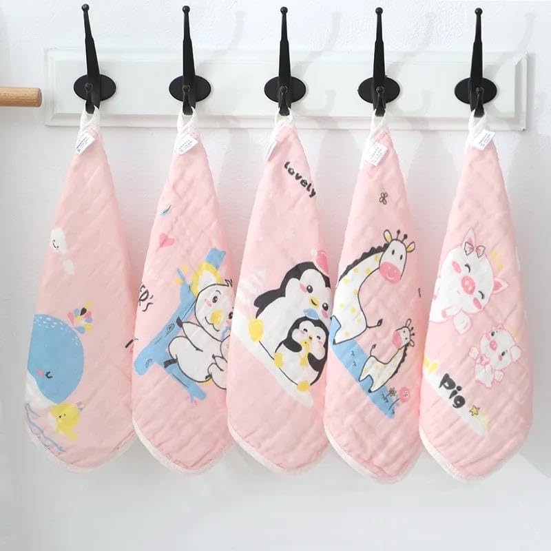 Image of Kassy Pop Baby Muslin Face Towel - Pack of 5 | Ultra Soft Baby Wipes Cum washtowel | 6 Layer Cotton | Reusable Hankies for Infants /Toddlers /Kids | 10x10 inches (Pink)