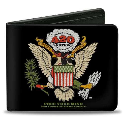 Cheech & Chong Wallet, Bifold, Cheech and Chong 420 Nation Coat of Arms Black, Vegan Leather