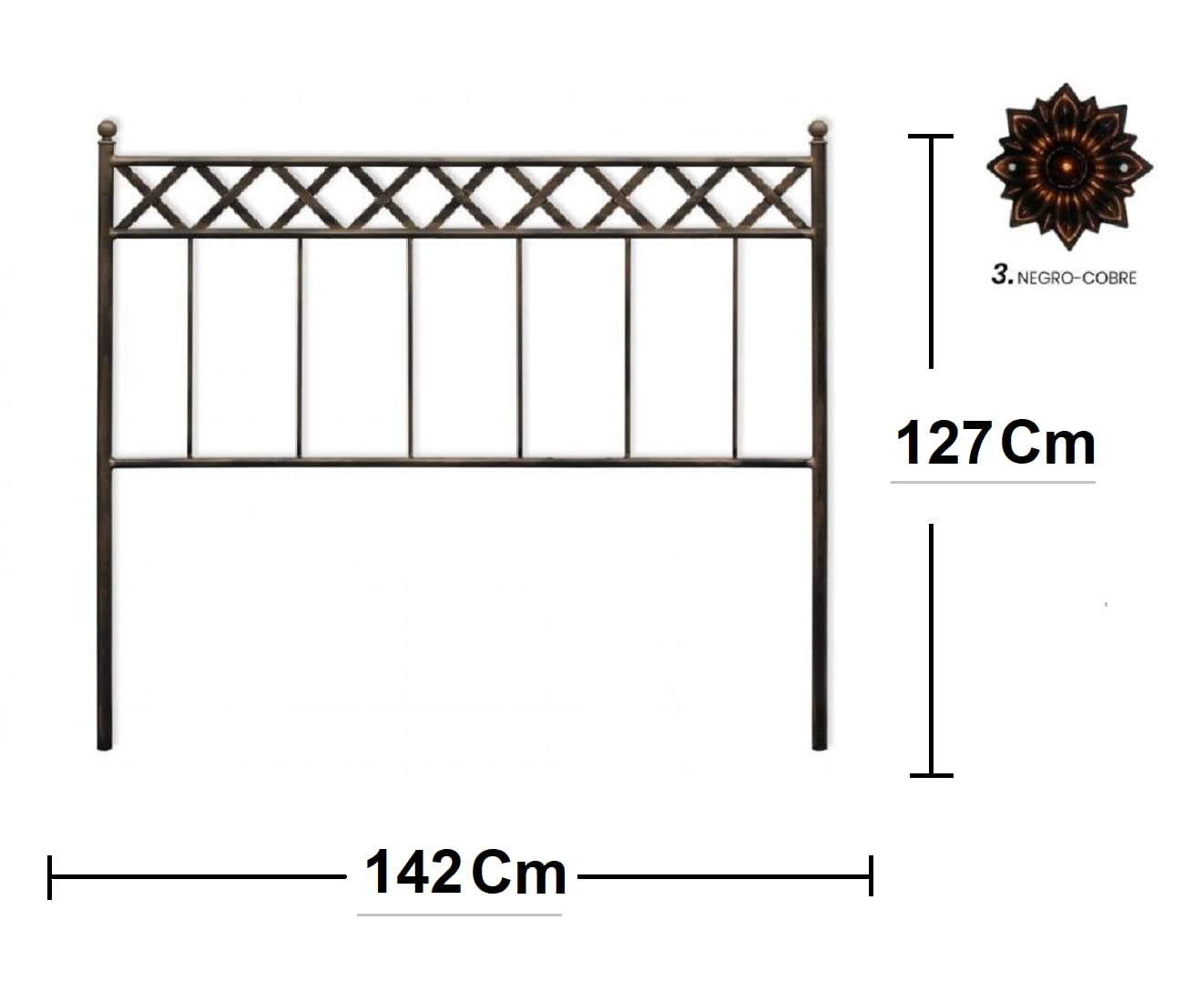 ElHerrero Cabecero de Forja para Cama de 135 Cm Negro con Pátina de Cobre, Modelo Sofía, de Hierro con Diseño Elegante, Sencillo y Clásico de Cruces y Líneas. Económico y Fácil de Limpiar.