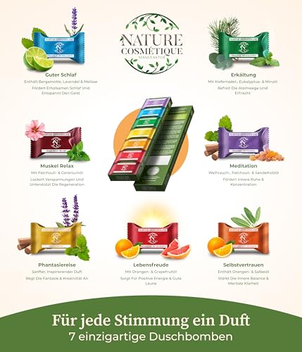 Nature Cosmétique® Aromatherapie Badetabs Set 7 Stück – 7er Mix Set – Aromatherapie für entspannte Wellness-Momente – Badebomben Dusche mit ätherischen Ölen – Geschenkidee – Made in DE