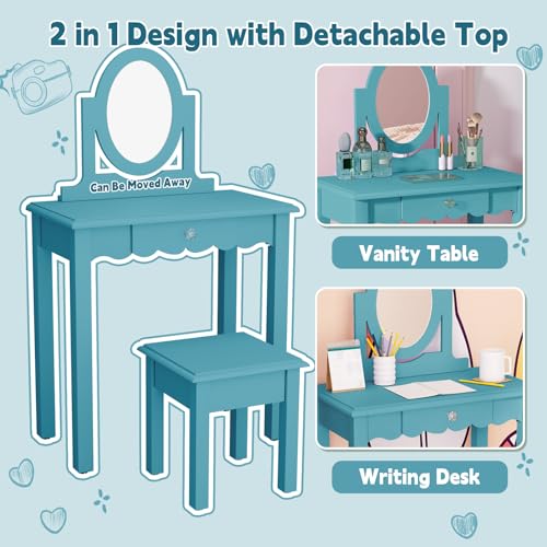 Image of HLR Little Girls Vanity Set with Mirror and Stool,Wooden 2 in 1 Princess Makeup Desk Dressing Table with Detachable Top,Toddler Vanity Dresser Set with Drawer,Blue
