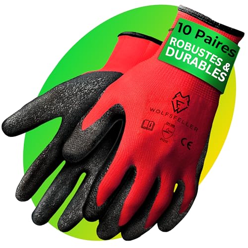 WOLFSFELLER Lot de 10 Paires de Gants de Travail Robustes et Confortables | Gant de Travail Homme & Femme Taille 9 | Gant Jardinage Homme | Gants Mecanicien avec Revêtement en Latex