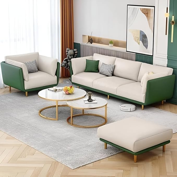 Image of Solid Wood Velvet Fabric L Shape Sofa Sofa for Living Room Button Tufted Sofa Chair for Home & Office (Left Aligned L-Shaped (Leather Green & Velvet Beige) 3+1+1)