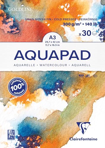Clairefontaine 975722C - Malblock Aquarell Papier mittelfein gekörnt Goldline Aqua 30 Blatt 29 7x42 cm 300g
