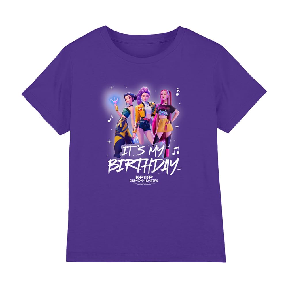 K-Pop Demon Hunters Unisex Kid's Huntrix It's My Birthday Group T Shirt, Purple, 3-4 años