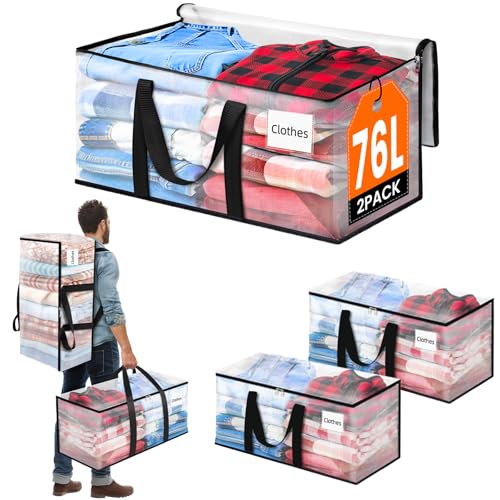 BlissTotes 2-Pack Large Moving Bags with Backpack Straps & Strong Zippers, Heavy-Duty Storage Bags Moving Boxes for Space Saving, Dorms, Transport, 76L-20 Gallons, Clear