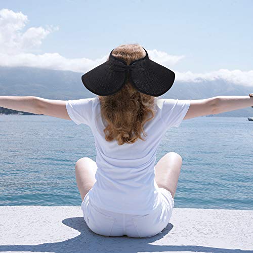 3 Pieces Women Foldable Straw Sun Visor Wide Brim Roll Up Beach Hat With Bowtie Multicoloured #TOP6