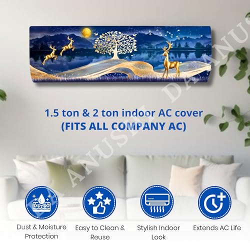 Image of Printed Split Ac Cover Combo Indoor Unit For 1.5 Ton Capacity AC, Inner Unit Ac Cover, All Weather Cover /Attractive Digital Prints /Dustproof /Water Resistant (Dolphin & Gold Deer)