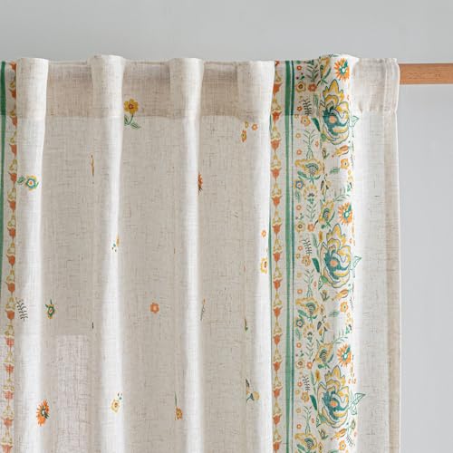 Image of MYSKY HOME Boho Floral Curtains 63 inch Linen Blend for Bedroom Kitchen Bohemian Style Farmhouse Flower Patterned Home Decor Light Filtering Back Tab Drapes, 50x63 Inch, Yellow and Blue, 2 Pcs