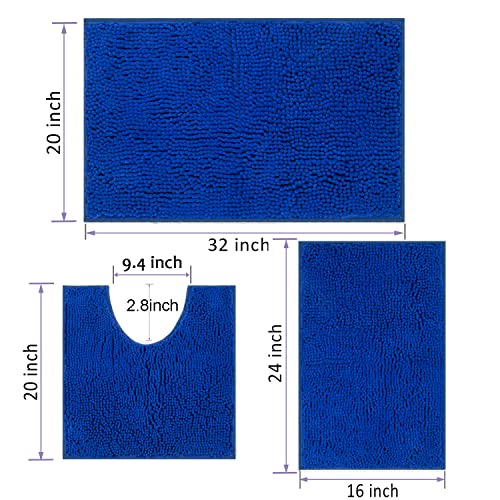 RUN HELIX Bath Mat set 3 Pieces, Soft Chenille Non Slip Bathroom Mat, 50x80 cm(19.6x31.5 in) Bath Mat, 40x60 (15.7x23.6 in) Bath Mat, U-Shaped Contour Toilet Mat, Absorbent Bathroom Rugs Royal Blue - Image 2