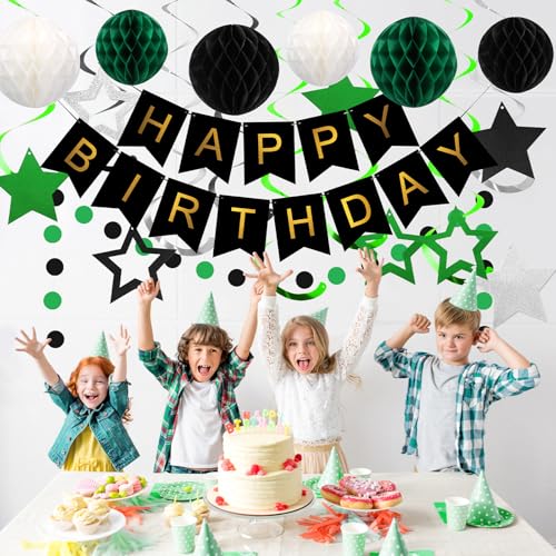 Image of meowtastic Birthday Decorations Happy Birthday Banner with Honeycomb Balls | 16pcs Birthday Set: 1 Banner+6 Honeycomb Balls+8 Star Spirals+1 Circle Dots, Happy Birthday Decor - Green and Black