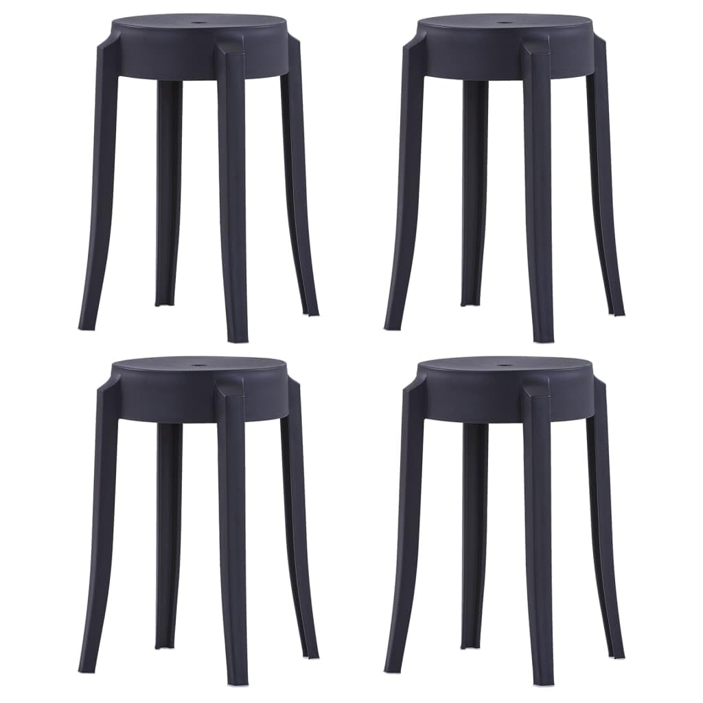 4 taborety do układania w stos, czarne tworzywo sztuczne, 43 x 43 x 45 cm, oszczędność miejsca, do kuchni, ogrodu, na balkon, taras, wytrzymały zestaw mebli