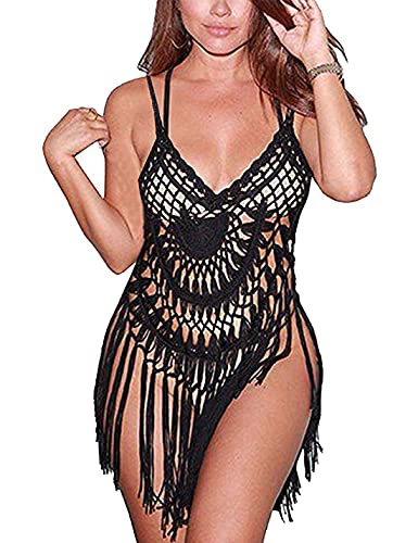 PUWEI Women's Backless Spaghetti Strap Halter Crochet Knit Tassel Cover Up Tops (01 Black)