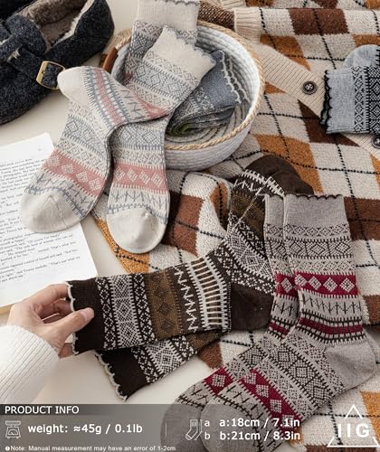 Image of IIG 3-5 Pairs Womens Vintage Cozy Crew Socks Soft Cute Neutral Cotton Socks Exquisite Patterns Socks Gift