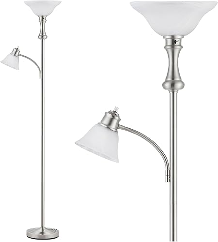 Miniatura 10 de Lámpara de pie Torchiere de 71 pulgadas para dormitorio con pantalla de cristal, lámparas de pie altas para sala de estar con luz de lectura de arco