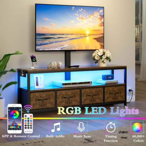 Image of JUSTOGO TV Stand with Mount & Power Outlet for 32-70 Inch TVs, Rustic Brown | TV Console with Drawers & Led Lights, AC Outlets & USB Ports, For Living Room, Bedroom, Height Adjustable, Swivel TV Cabinet