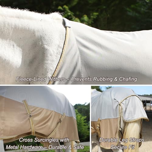 Image of BARN & STABLE Breathable and UV Protective Tear-Resistant Mesh Horse Fly Sheet Comfy Equine Summer Sheet with Removable Web Leg Straps (Silver Gold, 69 in)