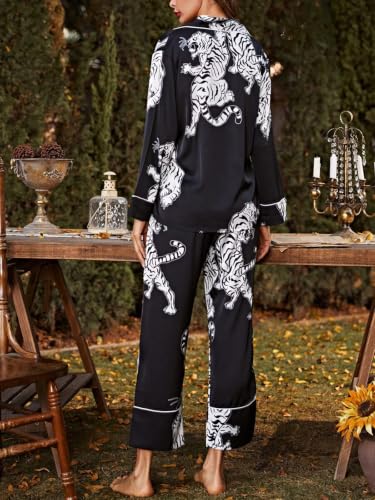Image of Brosloth Women's Silk Satin Pajamas Long Sleeve Button Up Loungewear Set | Button Down Animal Print Pajamas, Ladies Fancy Pajama sets, Two Piece Lounge Set, Notch Collar Lightweight Sleepwear, Gift