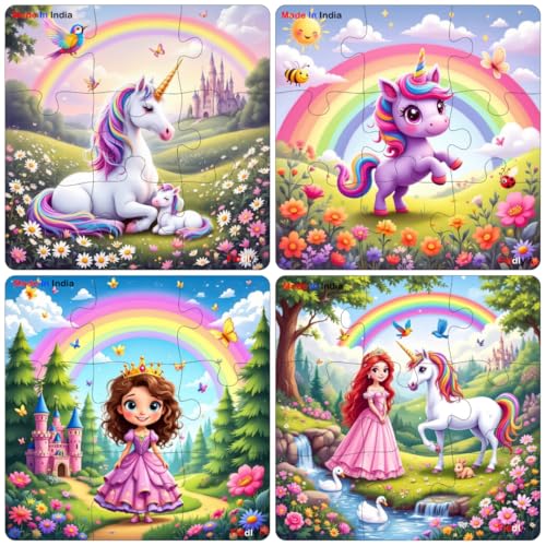 Image of Fiddlys Single Layered Wooden Jigsaw Puzzle Games for Children & Kids - 9 Pieces Age 3 4 5 6 Years Old Girls & Boys Animals Jigsaw Puzzle (Pack of 4 Unicorn & Princess)