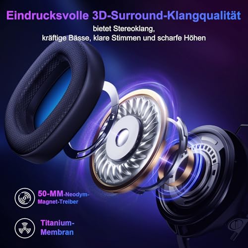 FC400 Wireless Gaming Headset, 2.4GHz Gaming Kopfhörer Kabellos mit Mikrofon für PS5, PS4, PC, Switch, Bluetooth 5.4 Gaming Headset, Geringe Latenz Noise Cancelling, mit LED Licht, 50H Akkulaufzeit 6
