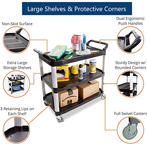 Restaurant Cart 3-Tier Plastic Utility Cart, Heavy Duty 330lbs Capacity, Commercial Rolling Service Cart, Ideal for Restaurant, Foodservice, Office, Warehouse (S - (33 x 17 x 36“)/(L x W x H)) - Thumbnail 3