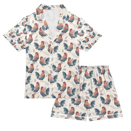 senya Cute Cartoon Rooster B Satin Summer Pajama Sets Silk Short Sleeve Button Down Sleepwear