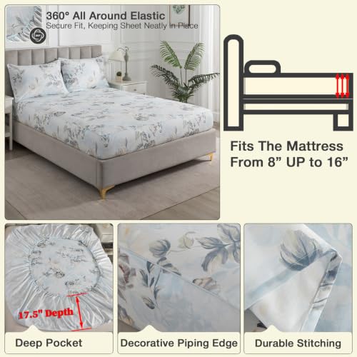 Image of Dusty Blue Vintage Floral Percale Bed Sheets Full Size Deep Pocket | 100% Cotton Shabby Flower Chic Sheet Set, Peony Printed Farmhouse Sheets, Luxury Toile Bedding, Cottagecore, Soft Crisp, 4Pcs