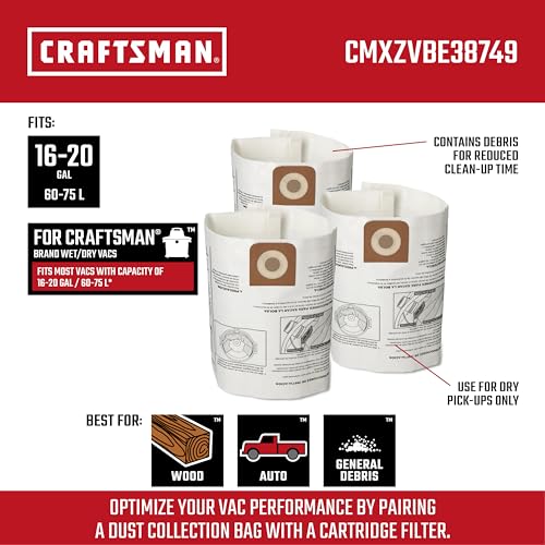 CRAFTSMAN General Purpose Dust Collection Bags for 60 to 75 Litre (16 to 20 Gallon) Wet/Dry Shop Vacuums, 3-Pack (CMXZVBE38749) - Keeps Dust Contained for Easy Disposal by CRAFTSMAN - Image 2