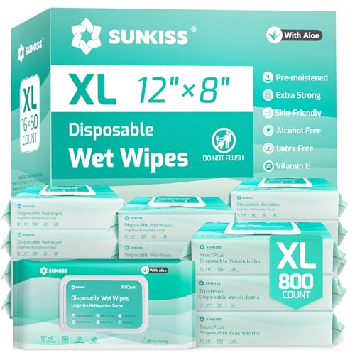 SUNKISS Trustplus Toallitas Húmedas para Adultos con Aloe, Toallitas 20 x 30 cm para Limpiar El cuerpo en Pacientes con Incontinencia Urinaria, 800 Unidades