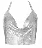 Women’s Sexy Metallic Sequins Halter Crop Top Deep V Neck Backless Vest Shirt Clubwear Rave Outfit（Sliver）