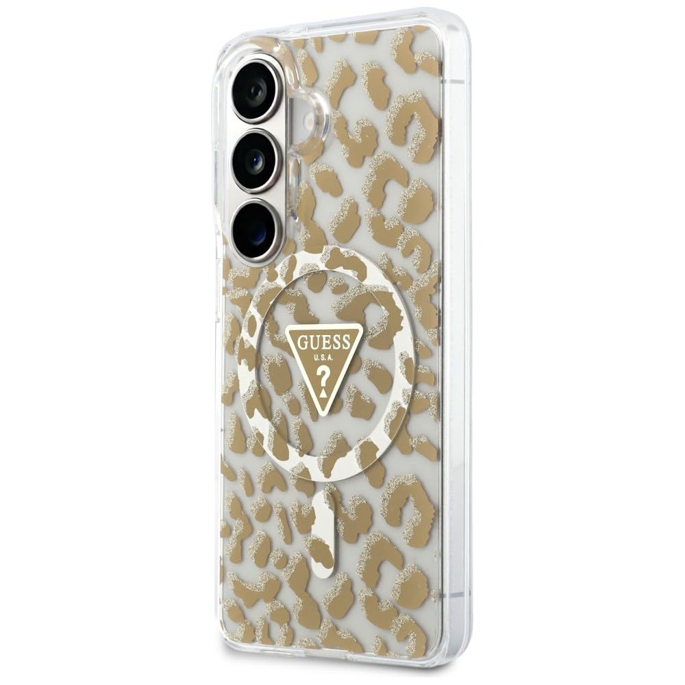 CG MOBILE Guess IML imprimé léopard triangulaire compatible avec MagSafe Coque pour Samsung Galaxy S26 (marron)