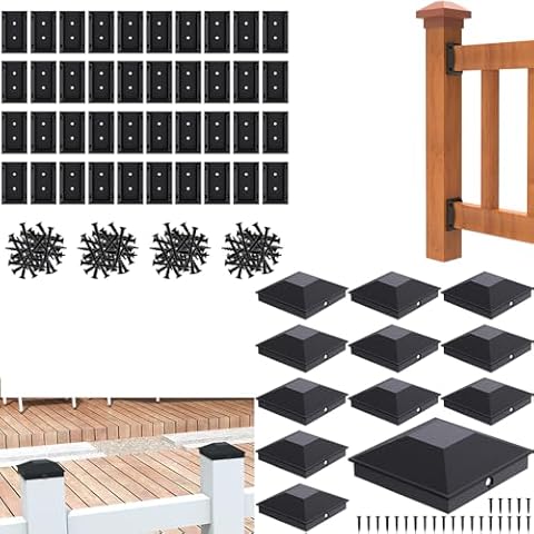 Goovilla 40 Pack 2x4 Deck Railing Bracket Connectors with 240 PCS Screws, 12 Pack 4x4 Post Caps with 24 Screws, Both for Wood Post Cover