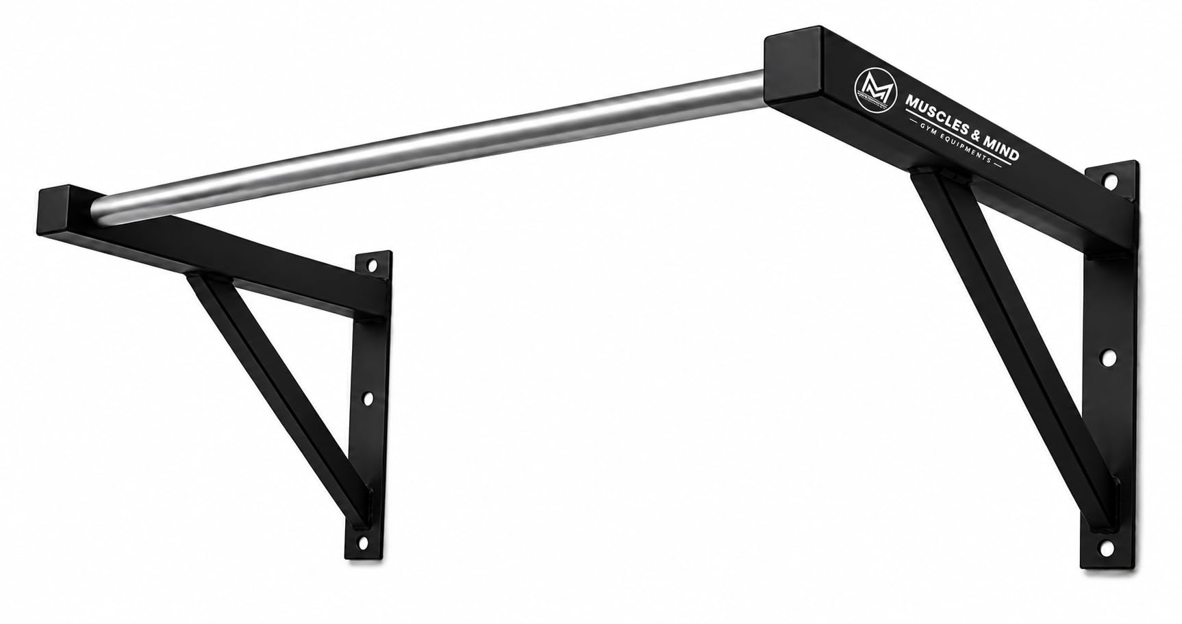 muscles & mind wall mounted single bar pull up bar, silver and black | home gym use, wall mount design, heavy-duty build, chin up bar, black finish