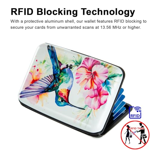 Image of Credit Card Holder, Metal Card Wallet RFID Blocking Mini Slim Aluminum Business Hard Card Case for Women Men (Flowers Hummingbird)