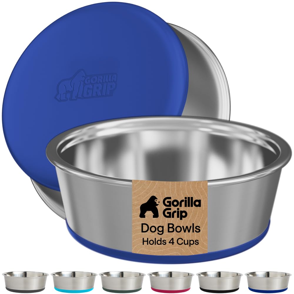 GORILLA GRIP Dog Bowls, Food Grade Stainless Steel, Set of 2, 4 Cup, Blue