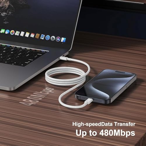 Image of Mindmaker 240W USB-C Fast Charging Cable 2M, Braided Type C MacBook Charger Cable Compatible with MacBook Pro /Air M1 M2 M3, iPad Pro, iPhone 15 - White Nylon, MFi Certified