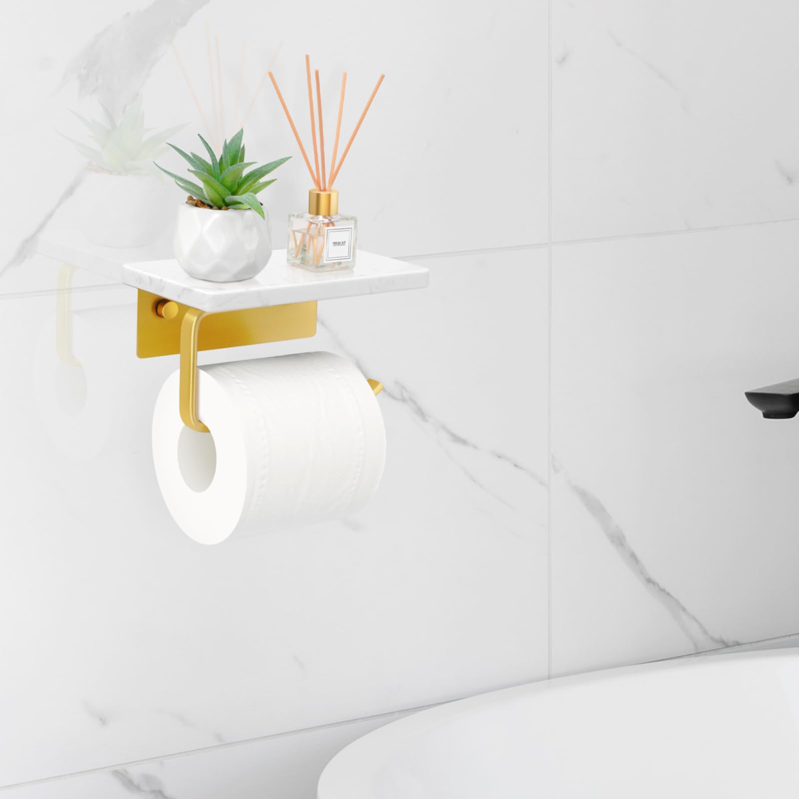Homusthave Brushed Gold Toilet Paper Holder with Marble Shelf, Toilet Paper Roll Holder Screw Wall Mount, Stainless Steel Tissue Roll Holder with Storage for Bathroom Washroom