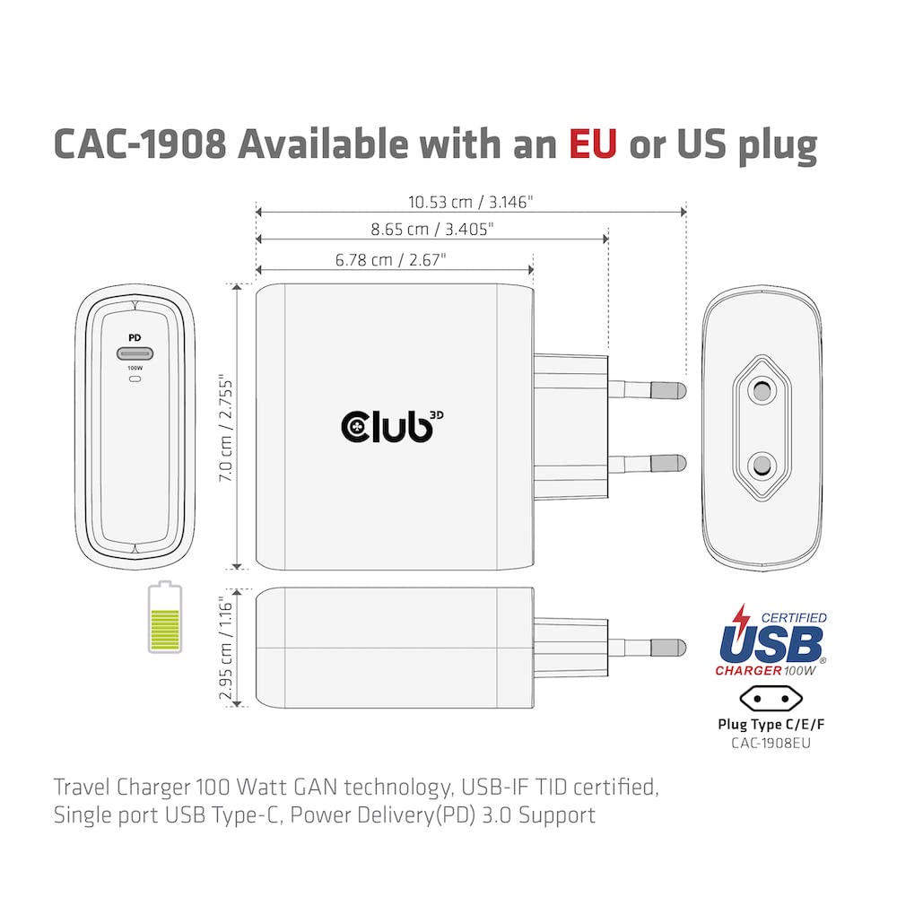 Club3D CAC-1908EU - Caricabatterie da viaggio, 100 Watt, tecnologia GAN, certificazione USB-IF, connettore singolo, USB Type-C, Power Delivery (PD) 3.0